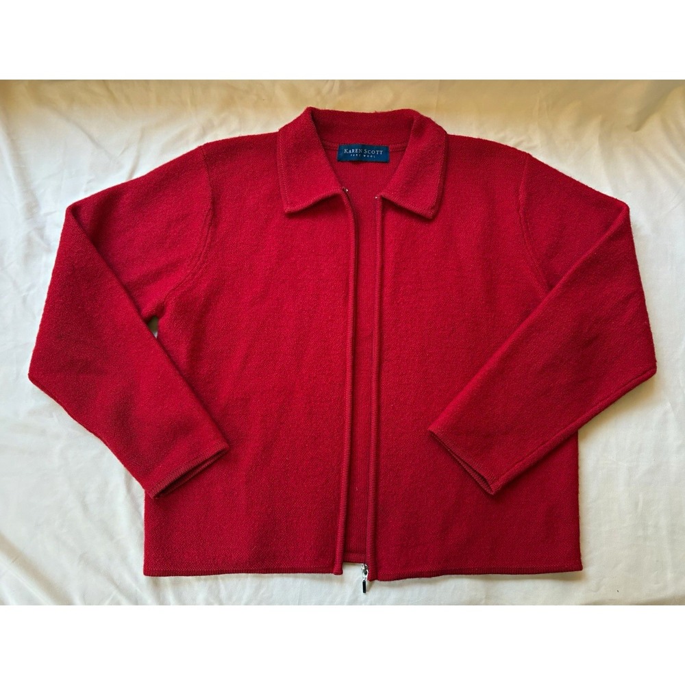 Karen Scott Pure Wool Red Full Zip Cardigan Sweater Womens Large Made Australia